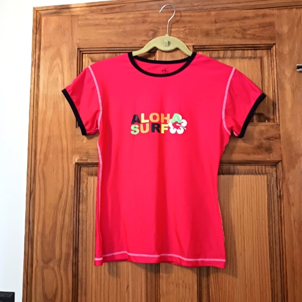 Sunspecs XL Rashguard Board Top Girls Aloha Surf Light Red Black Trim